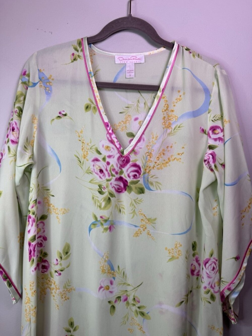 VTG Oscar De la Renta Pink Label Floral Nightgown Green Women Size Small